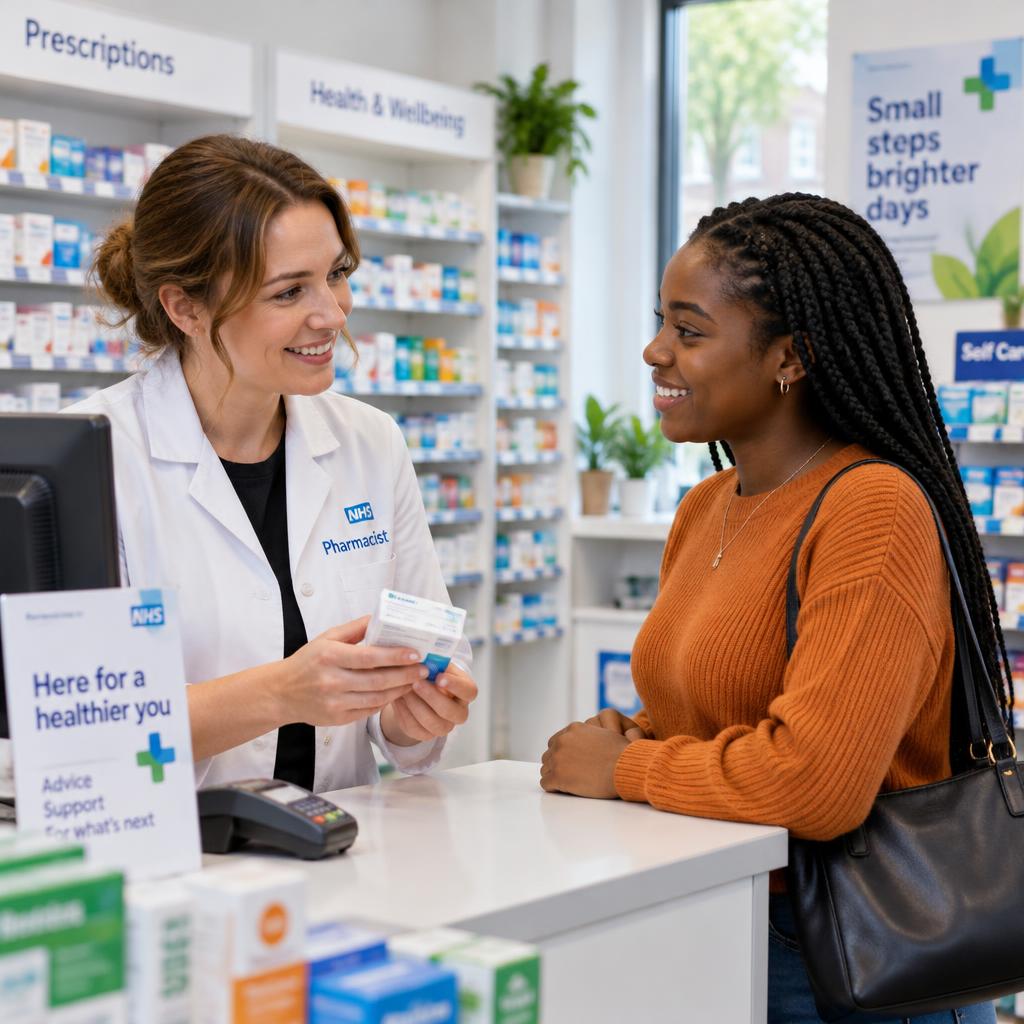 A pharmacist chatting with a smiling patient at the pharmacy counter