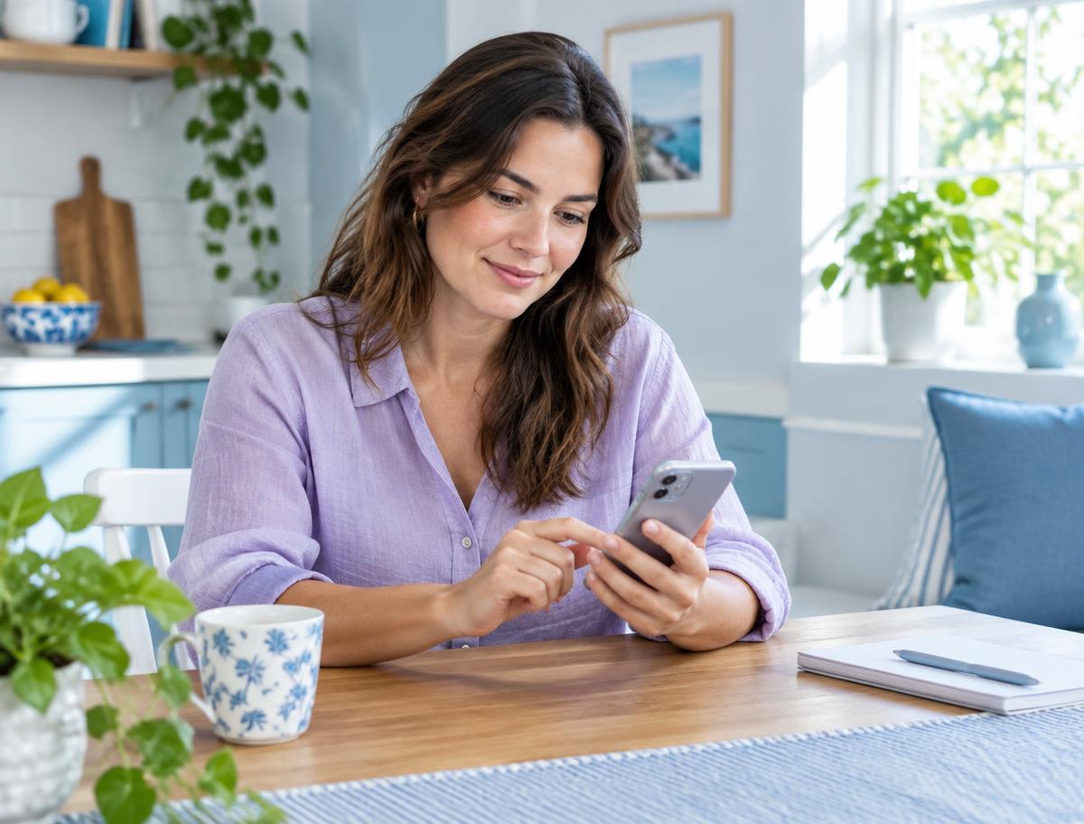 A woman using her phone at home