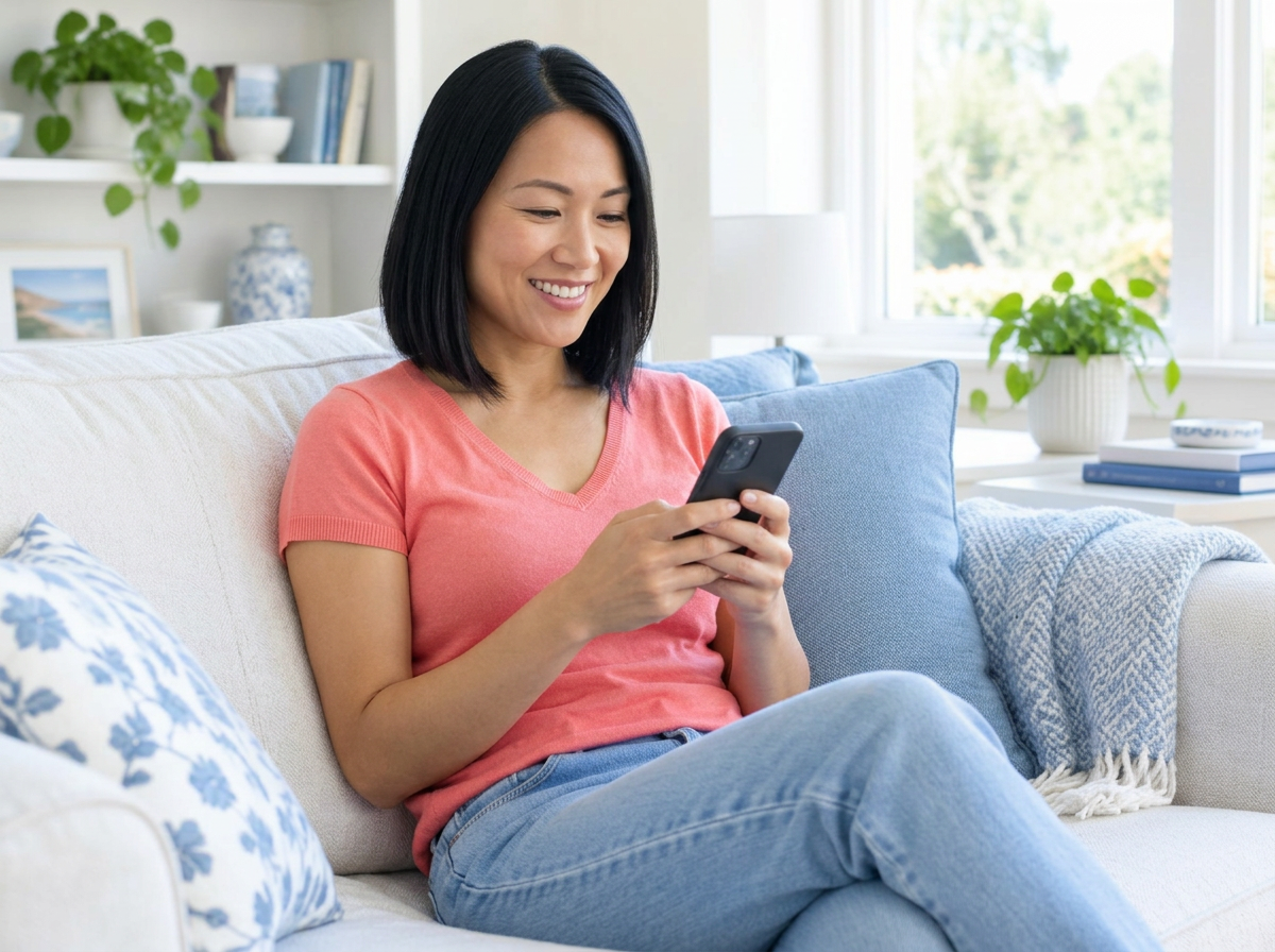 A woman using her phone at home