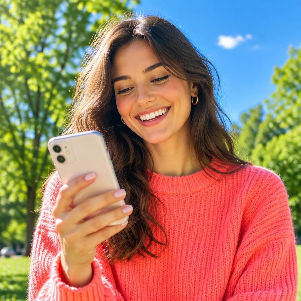 A woman smiling while ordering her contraception on her phone